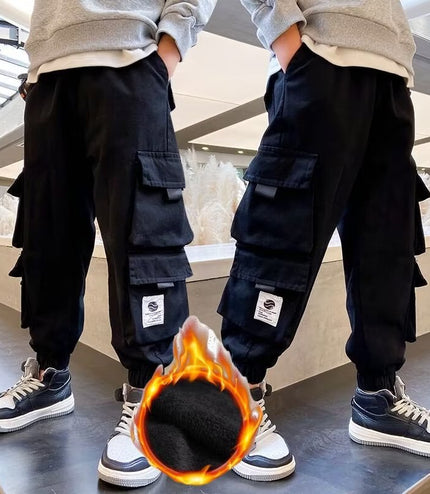 Men's Medium And Large Children's Multi-bag Fleece Ankle-tied Casual Working Pants Tide