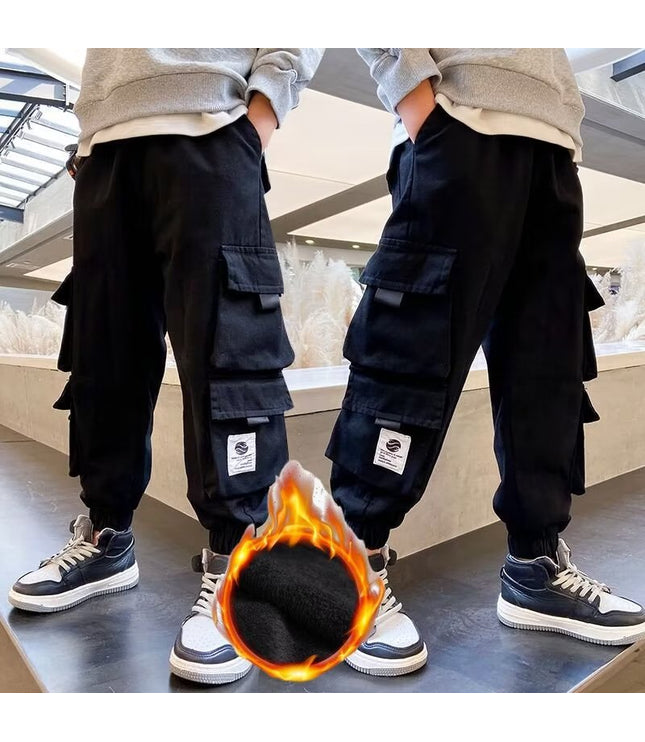 Men's Medium And Large Children's Multi-bag Fleece Ankle-tied Casual Working Pants Tide