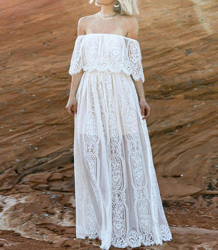 Fashion Off-shoulder Lace Embroidery Dress Women