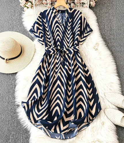 Elegant Vacation Style Springsummer Irregular Striped Midi Dress