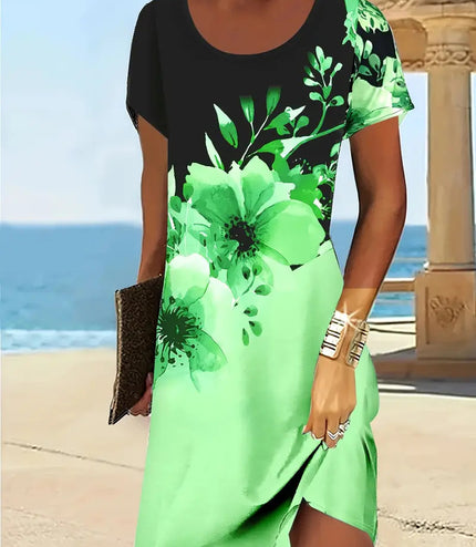 Trendy Design Print Colorful Round Neck Dress Women