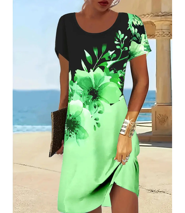 Trendy Design Print Colorful Round Neck Dress Women