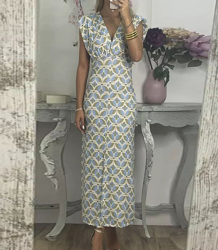 Deep V Split Print Dress Slim Fit