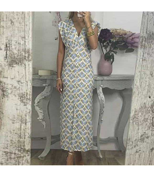 Deep V Split Print Dress Slim Fit