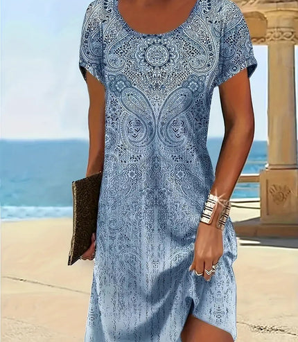 Trendy Design Print Colorful Round Neck Dress Women