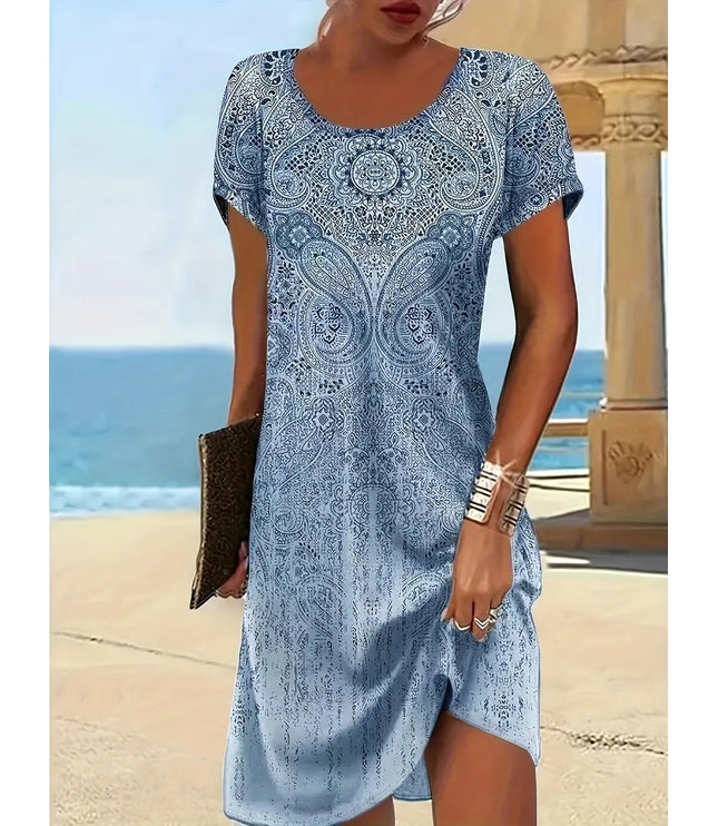Trendy Design Print Colorful Round Neck Dress Women