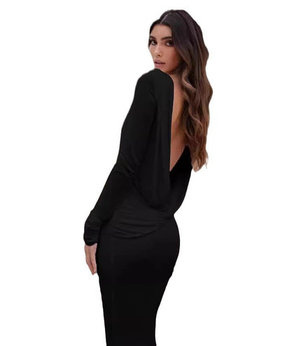Fashion Slim Fit Backless Long Sleeve Dress Women