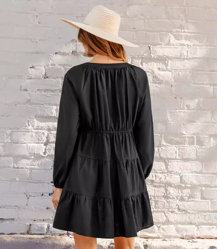 Black V-neck Long Sleeve Ruffled Hem Mini Dress