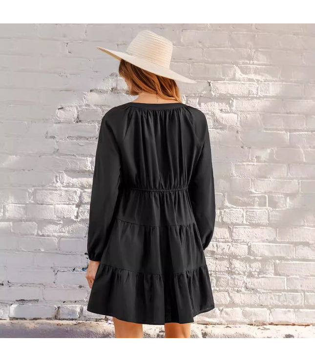 Black V-neck Long Sleeve Ruffled Hem Mini Dress
