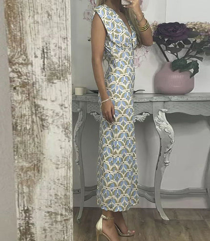 Deep V Split Print Dress Slim Fit