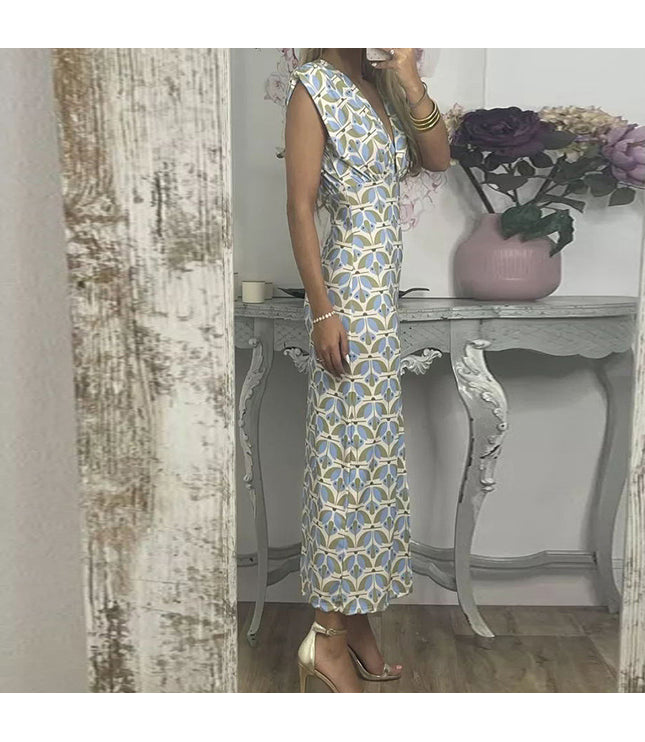 Deep V Split Print Dress Slim Fit