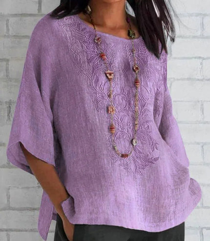 Autumn And Winter Women's Three-quarter Sleeve Loose Casual Print T-shirt Linen Cotton And Linen