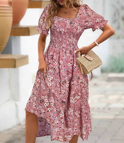Women's Sleeve Waist Roll Square Collar Dress Woven Digital