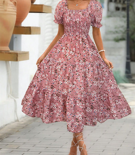 Women's Sleeve Waist Roll Square Collar Dress Woven Digital