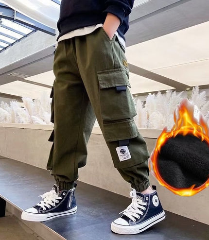 Men's Medium And Large Children's Multi-bag Fleece Ankle-tied Casual Working Pants Tide
