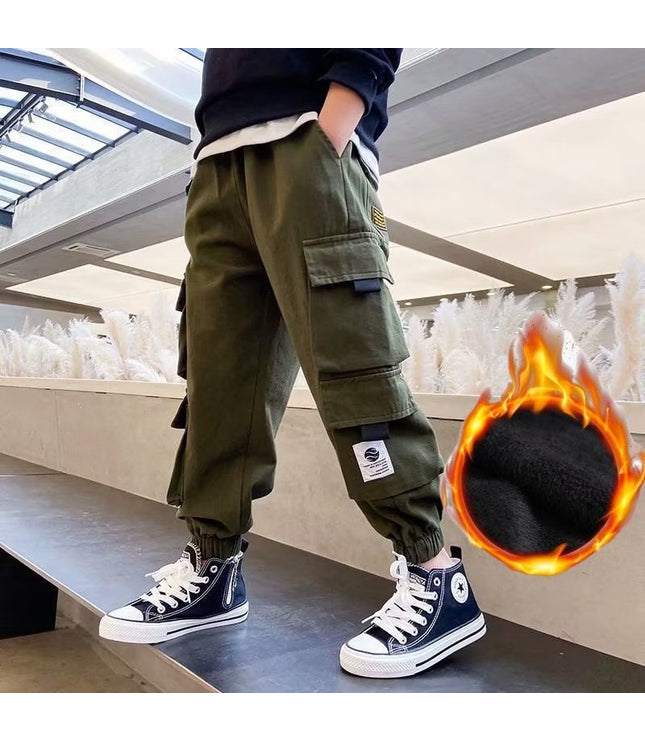 Men's Medium And Large Children's Multi-bag Fleece Ankle-tied Casual Working Pants Tide