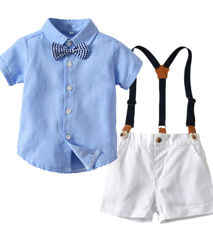Summer Korean Style Boy's Short-sleeved Shirt Suspender Pants Suit