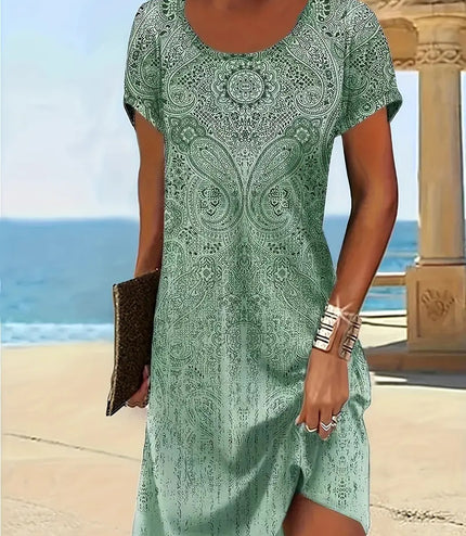 Trendy Design Print Colorful Round Neck Dress Women