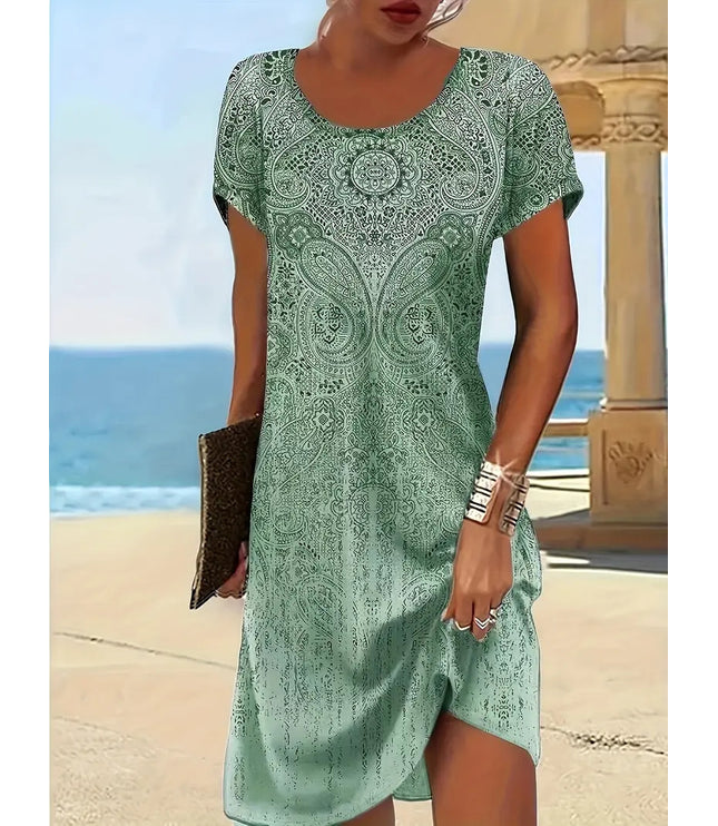 Trendy Design Print Colorful Round Neck Dress Women