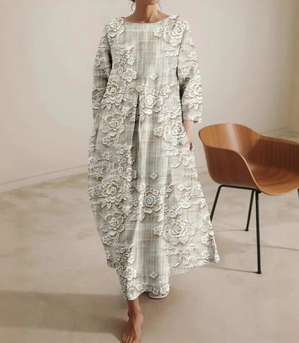 Flower Loose Round Neck Fashion Middle-sleeve Floral-print Dress