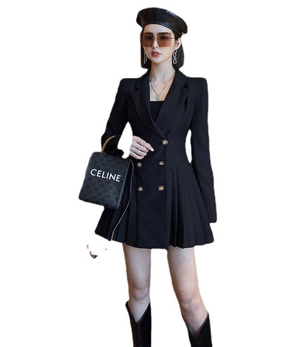 Double Breasted Suit Trendy Anti-aging Slimming Goddess Long Sleeve Pleated Dress