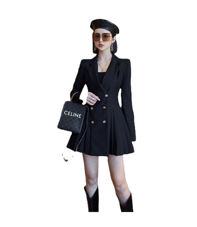 Double Breasted Suit Trendy Anti-aging Slimming Goddess Long Sleeve Pleated Dress