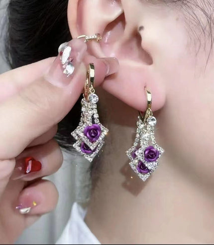 Elegant Diamond Rhinestone Lovely Rose Earrings