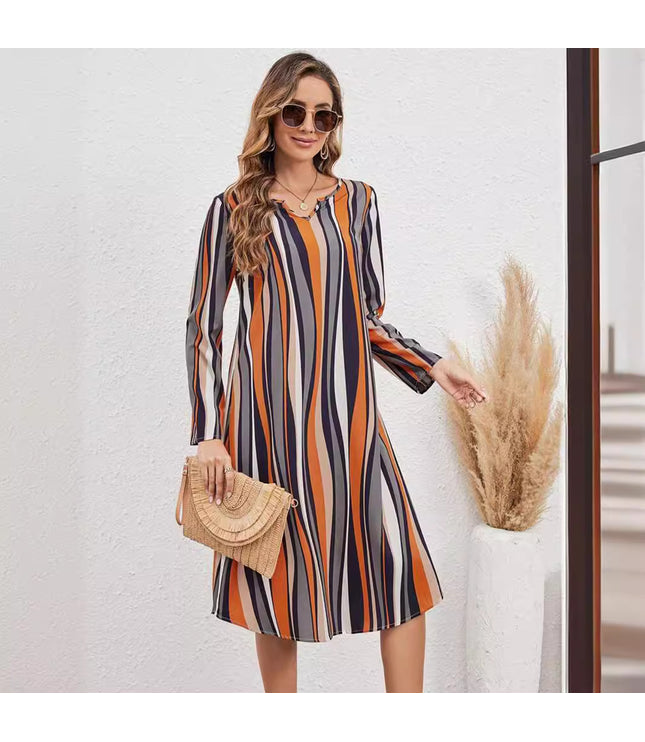 European And American Striped Print Elegant Style Long Sleeve V-neck Dress Women