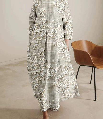 Flower Loose Round Neck Fashion Middle-sleeve Floral-print Dress