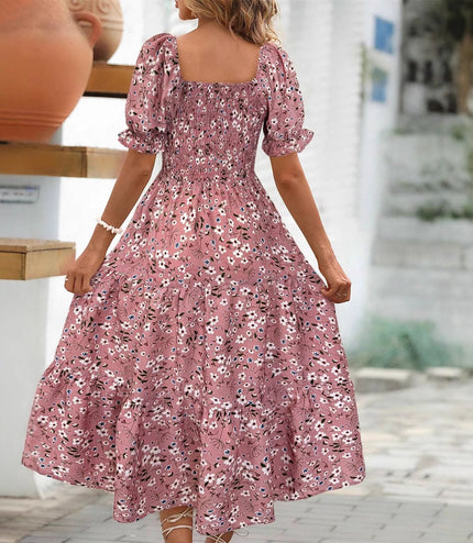 Women's Sleeve Waist Roll Square Collar Dress Woven Digital