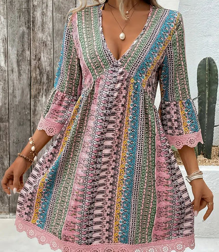 Bohemian Style V-neck Printed Dress Fashion Casual Loose Beach Dresses For Women
