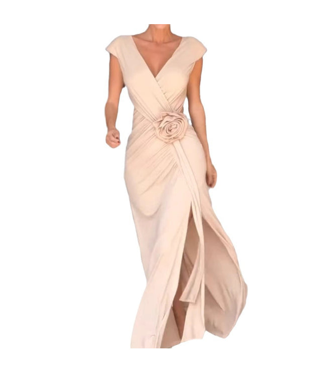 European And American Solid Color Sleeveless V-neck Cross Stretch Dress