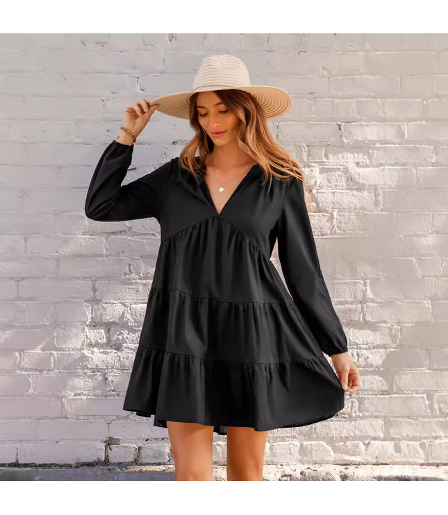 Black V-neck Long Sleeve Ruffled Hem Mini Dress
