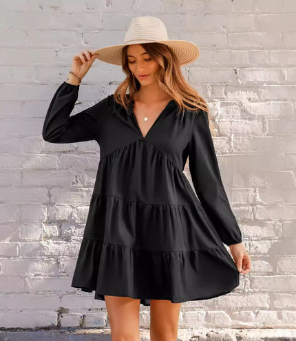 Black V-neck Long Sleeve Ruffled Hem Mini Dress
