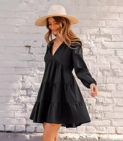 Black V-neck Long Sleeve Ruffled Hem Mini Dress