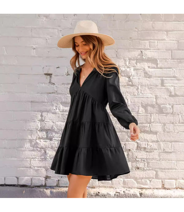 Black V-neck Long Sleeve Ruffled Hem Mini Dress