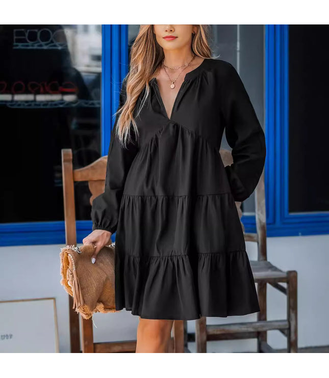 Black V-neck Long Sleeve Ruffled Hem Mini Dress
