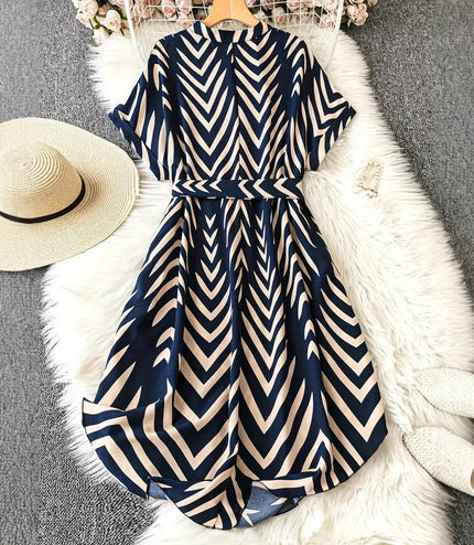Elegant Vacation Style Springsummer Irregular Striped Midi Dress