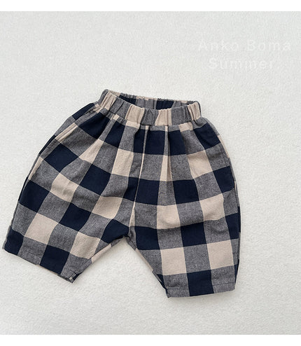 Retro Blue Plaid Casual Capri Pants Children's Middle Pants