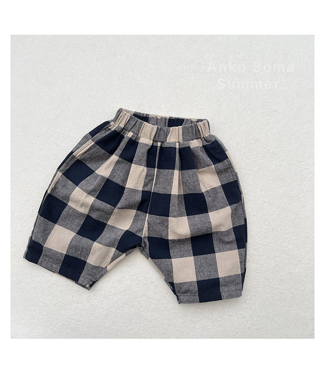 Retro Blue Plaid Casual Capri Pants Children's Middle Pants