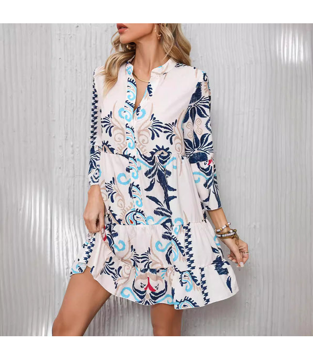 Bell Sleeve Casual Loose Printed Shirt Dress