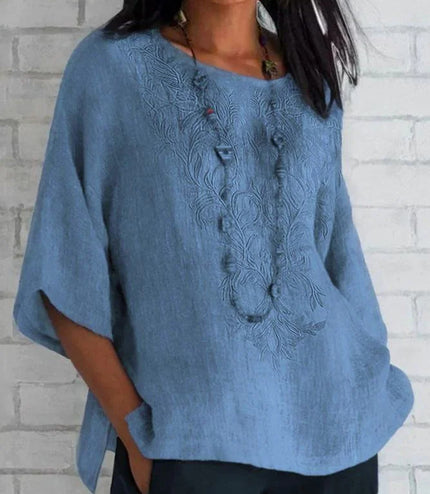 Autumn And Winter Women's Three-quarter Sleeve Loose Casual Print T-shirt Linen Cotton And Linen