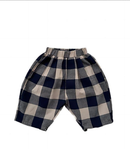 Retro Blue Plaid Casual Capri Pants Children's Middle Pants