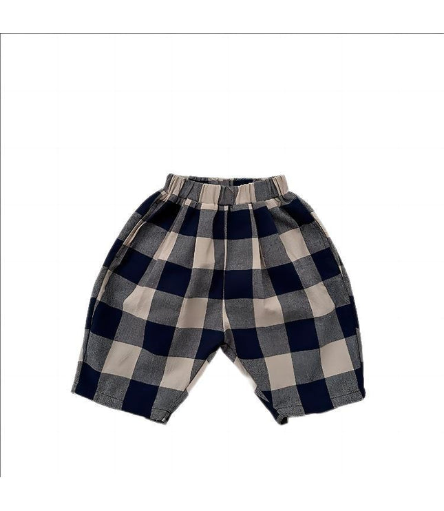 Retro Blue Plaid Casual Capri Pants Children's Middle Pants