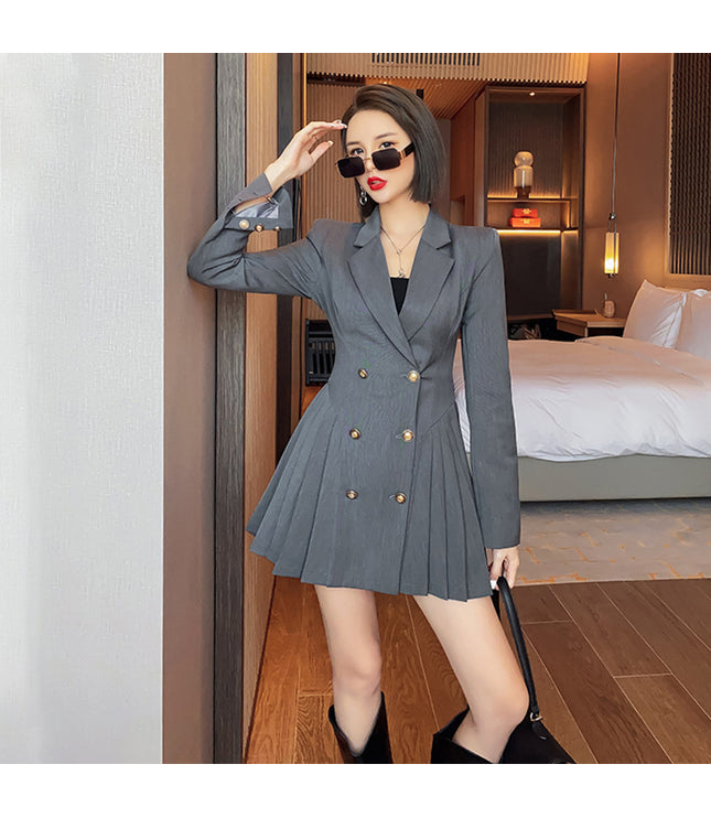 Double Breasted Suit Trendy Anti-aging Slimming Goddess Long Sleeve Pleated Dress