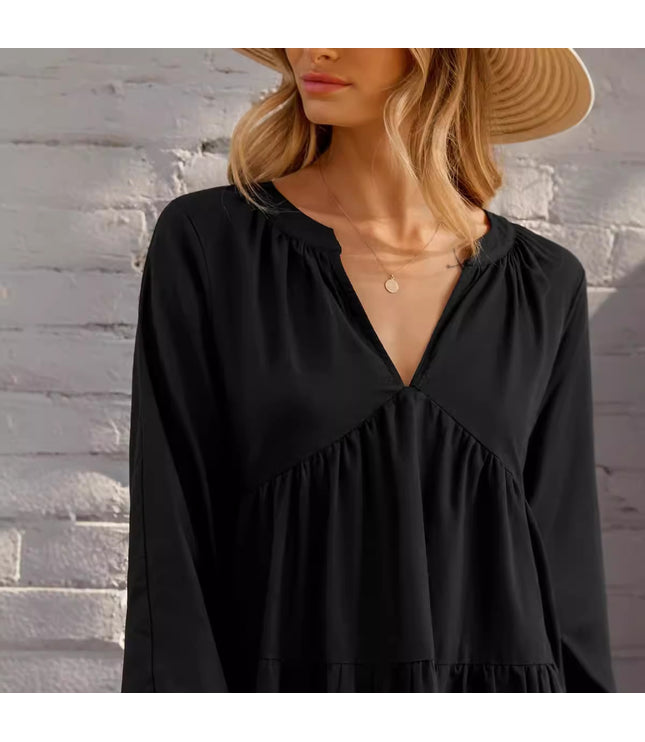 Black V-neck Long Sleeve Ruffled Hem Mini Dress
