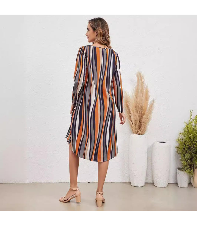 European And American Striped Print Elegant Style Long Sleeve V-neck Dress Women
