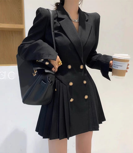 Double Breasted Suit Trendy Anti-aging Slimming Goddess Long Sleeve Pleated Dress