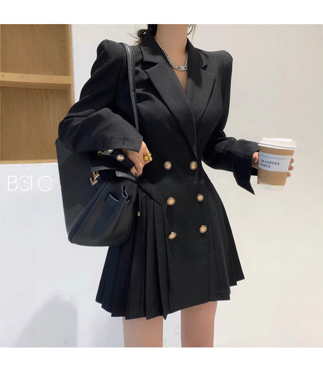 Double Breasted Suit Trendy Anti-aging Slimming Goddess Long Sleeve Pleated Dress