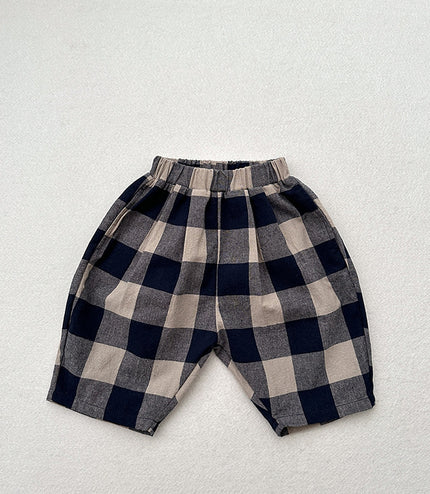 Retro Blue Plaid Casual Capri Pants Children's Middle Pants